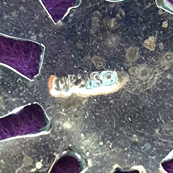 Vintage Mexican Abalone & Turquoise Inlaid Alpaca Silver Flower Brooch - Picture 5 of 11